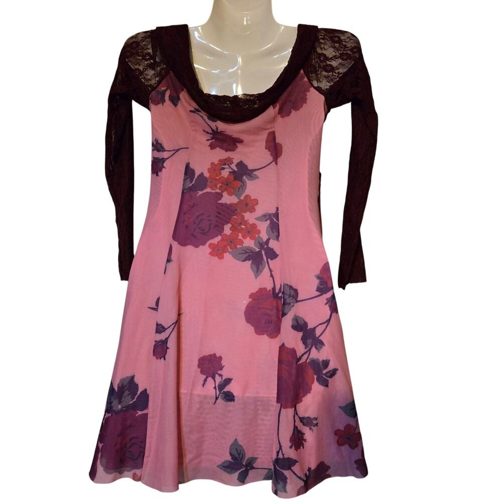Kimchi Blue Women's M‎ Babydoll Dress Pink Floral Lace Long Sleeve Y2K Aesthetic - Picture 5 of 16